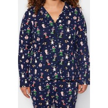 FRM Büyük Beden Kadın Pamuk Polyester Gömlek Yaka Uzun Kol Gömlek Yaka Yılbaşı Temalı Örme Pijama Takımı