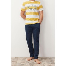 FRM Erkek  Pamuk Bisiklet Yaka Kısa Kol Regular Fit Çizgili Örme Pijama Takımı