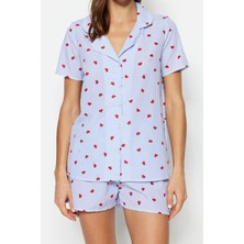 FRM Kadın Pamuk Polyester Ceket Yaka Kısa Kol Çizgili Kalp Desenli Viskon Dokuma Pijama Takımı