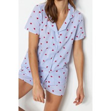 FRM Kadın Pamuk Polyester Ceket Yaka Kısa Kol Çizgili Kalp Desenli Viskon Dokuma Pijama Takımı