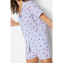 FRM Kadın Pamuk Polyester Ceket Yaka Kısa Kol Çizgili Kalp Desenli Viskon Dokuma Pijama Takımı