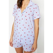 FRM Kadın Pamuk Polyester Ceket Yaka Kısa Kol Çizgili Kalp Desenli Viskon Dokuma Pijama Takımı