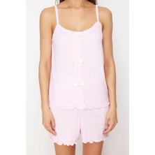 FRM Kadın Polyester Havuz Yaka Askılı Kol Kurdele Fiyonk Detaylı Ip Askılı Fitilli Örme Pijama Takımı