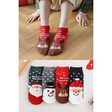 Kidy Yılbaşı Desenli Kadın Pamuklu Bilek Patik Çorap Seti 4 Çift Yıkamalı Çok Renkli