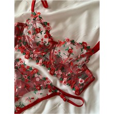 Rozenin Lingerie Kırmızı Minik Çiçekli Balenli Kapsız Tül Sütyen Takımı