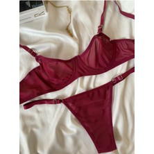 Rozenin Lingerie Düz Tül Sütyen Takım Vişne Renkli Kadın Balenli ve Konforlu Tasarım ile Şık Görünüm