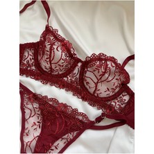 Rozenin Lingerie Bordo Çiçekli Balenli Kapsız Brode Bralet Sütyen Takımı
