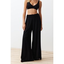 FRM Kadın Yeni Moda Geniş Paça Uzun Boy Dokuma Siyah Gipe Detaylı Pantolon