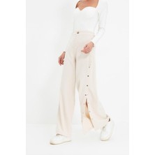 FRM Kadın Yeni Moda Geniş Paça Regular Boy Dokuma Wide Leg Geniş Paça Yanları Düğmeli Pantolon