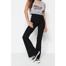 FRM Kadın Moda Ispanyol Paça Uzun Boy Örme Fitilli Flare Yüksek Bel Esnek Örme Tayt Pantolon