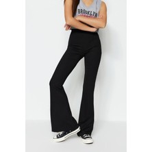 FRM Kadın Moda Ispanyol Paça Uzun Boy Örme Fitilli Flare Yüksek Bel Esnek Örme Tayt Pantolon
