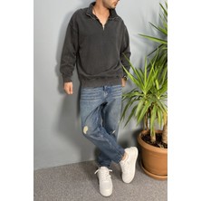Oversize Dik Yaka Antrasit Yarım Fermuarlı Sweatshirt