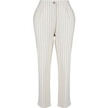 FRM Kadın Yeni Moda Büyük Beden Boru Paça Regular Boy Dokuma Keten Görünümlü Çizgili Pantolon