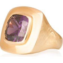 Gümüşcüm Ametist Taşlı Kare Otantik Kadın Altın Kaplama Gümüş Yüzük