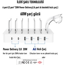 CS60 Power Delivery (PD) 3.0  60W/12A 6 Port Masaüstü USB Çoklu Şarj İstasyonu Şarj Stantı