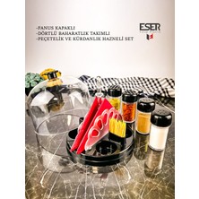 Esa Store Şeffaf Fanus Kapaklı Peçetelik ve Kürdanlık Hazneli Dörtlü Baharatlık Seti-Tuzluk-Baharatlık