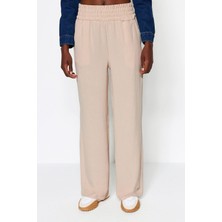 FRM Kadın Yeni Moda Geniş Paça Uzun Boy Dokuma Wide Leg Geniş Paça Beli Lastikli Pantolon