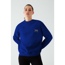 Kadın Oversize Şardonlu Nakış Işlemeli Saks Mavi Sweatshirt