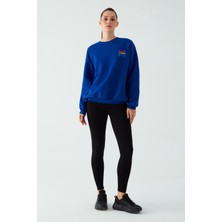 Kadın Oversize Şardonlu Nakış Işlemeli Saks Mavi Sweatshirt