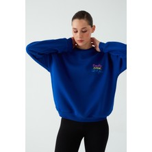 Kadın Oversize Şardonlu Nakış Işlemeli Saks Mavi Sweatshirt