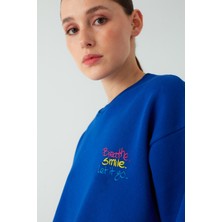 Kadın Oversize Şardonlu Nakış Işlemeli Saks Mavi Sweatshirt