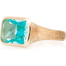 Gümüşcüm Aquamarin Taşlı Altın Kaplama Bayan Otantik Gümüş Yüzük