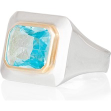 Gümüşcüm Aquamarin Taşlı Kare Gümüş Yüzük