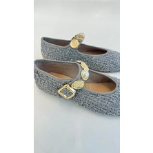 Eataly Shoes Gri Tüvit Kumaş Gold Tokalı Kadın Babet