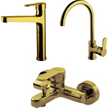 Newarc Domino Altın Banyo Evye Çanak Lavabo Bataryası 971538-971518-971008
