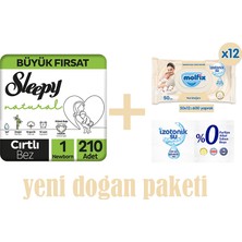 Sleepy Natural Aylık Paket Bebek Bezi 1 Numara Yenidoğan 210 Adet +Molfix Izotonik Islak Mendil Ferah Temizlik 720 Adet