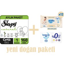 Sleepy Natural Aylık Paket Bebek Bezi 1 Numara Yenidoğan 168 Adet + Molfix Izotonik Islak Mendil Ferah Temizlik 720 Adet