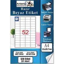 Artlantis A4 Hazır Etiket 46.4X21.2 mm 10 Sayfa 1 Paket 52 Li Kendinden Yapışkanlı Fotokopi Lazer Inkjet Kağıdı Yazıcılar Için Uyumlu