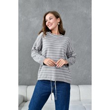 Zishan Fashion Kadın Triko Çizgili Kazak Belden Bağlama Detaylı 713