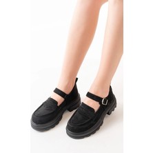 Siyah Süet Kadın Günlük Yüksek Tabanlı Loafer Ayakkabı