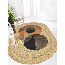 Kilim Home Boho 986 Oval Siyah Etnik Desenli Jüt Rengi Örgü Yuvarlak Natural Çift Taraflı Halı