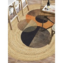 Kilim Home Boho 986 Oval Siyah Etnik Desenli Jüt Rengi Örgü Yuvarlak Natural Çift Taraflı Halı