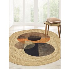 Kilim Home Boho 986 Oval Siyah Etnik Desenli Jüt Rengi Örgü Yuvarlak Natural Çift Taraflı Halı