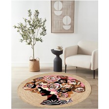 Kilim Home Boho 905 Jut Renkli Kadın Temalı Etnik Örgü Yuvarlak Natural Renk Çift Taraflı Halı