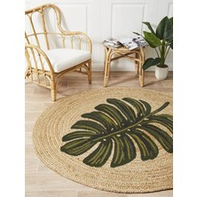 Boho 912 Yaprak Minimalist Tema Etnik Örgü Yuvarlak Natural Renk Çift Taraflı Halı
