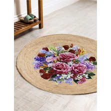 Kilim Home Boho 919 Jüt Doğa Iplik İle Üretilmiş Çiçek Desenli Yuvarlak Natural Renk Çift Taraflı Halı