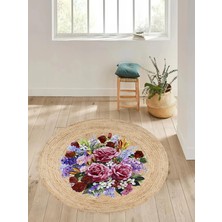 Kilim Home Boho 919 Jüt Doğa Iplik İle Üretilmiş Çiçek Desenli Yuvarlak Natural Renk Çift Taraflı Halı