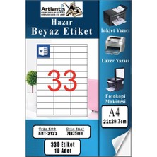 Artlantis A4 Hazır Etiket 70X25 mm 10 Sayfa 1 Paket 33 Lü Kendinden Yapışkanlı Fotokopi Lazer Inkjet Kağıdı Yazıcılar Için Uyumlu