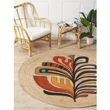 Boho 953 Multy Yaprak Desenli Jüt Rengi Örgü Yuvarlak Natural Çift Taraflı Halı