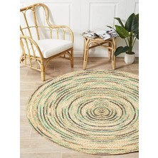 Boho 950 Jüt Rengi ve Yeşil Desenli Örgü Yuvarlak Natural Çift Taraflı Halı