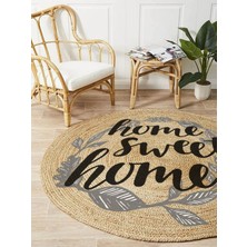 Boho 973 Home Sweet Home Temalı Etnik Desenli Yuvarlak Jüt Örme Doğal Hasır Kilim Daire Halı