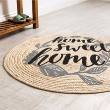 Boho 973 Home Sweet Home Temalı Etnik Desenli Yuvarlak Jüt Örme Doğal Hasır Kilim Daire Halı