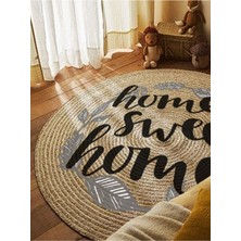 Boho 973 Home Sweet Home Temalı Etnik Desenli Yuvarlak Jüt Örme Doğal Hasır Kilim Daire Halı