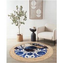 Kilim Home Boho 960 Blue Blanc Botanik Desenli Örgü Yuvarlak Natural Çift Taraflı Halı