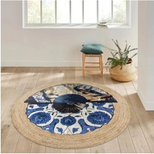 Kilim Home Boho 960 Blue Blanc Botanik Desenli Örgü Yuvarlak Natural Çift Taraflı Halı