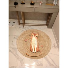 Kilim Home Boho 934 Jut Doğa Kedi Temalı Desenli Etnik Örgü Yuvarlak Natural Renk Çift Taraflı Halı